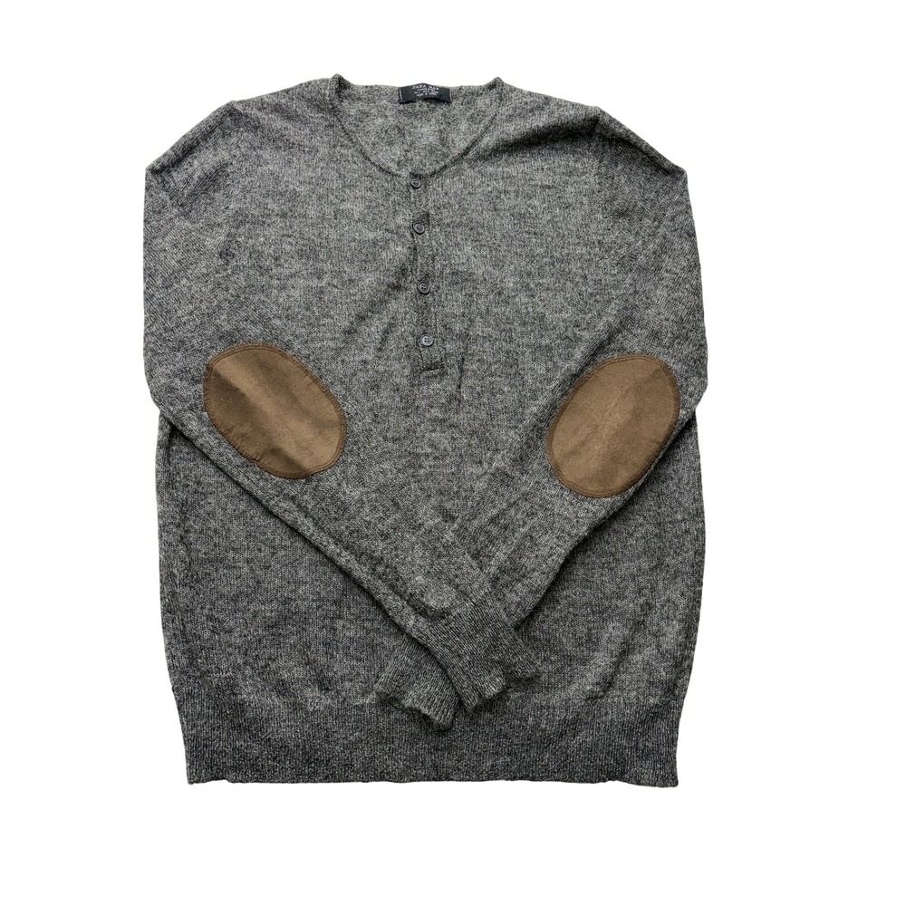 ZARA MAN Sweater Mens Large Gray Henley Elbow Patch Knit Pullover Crew Neck